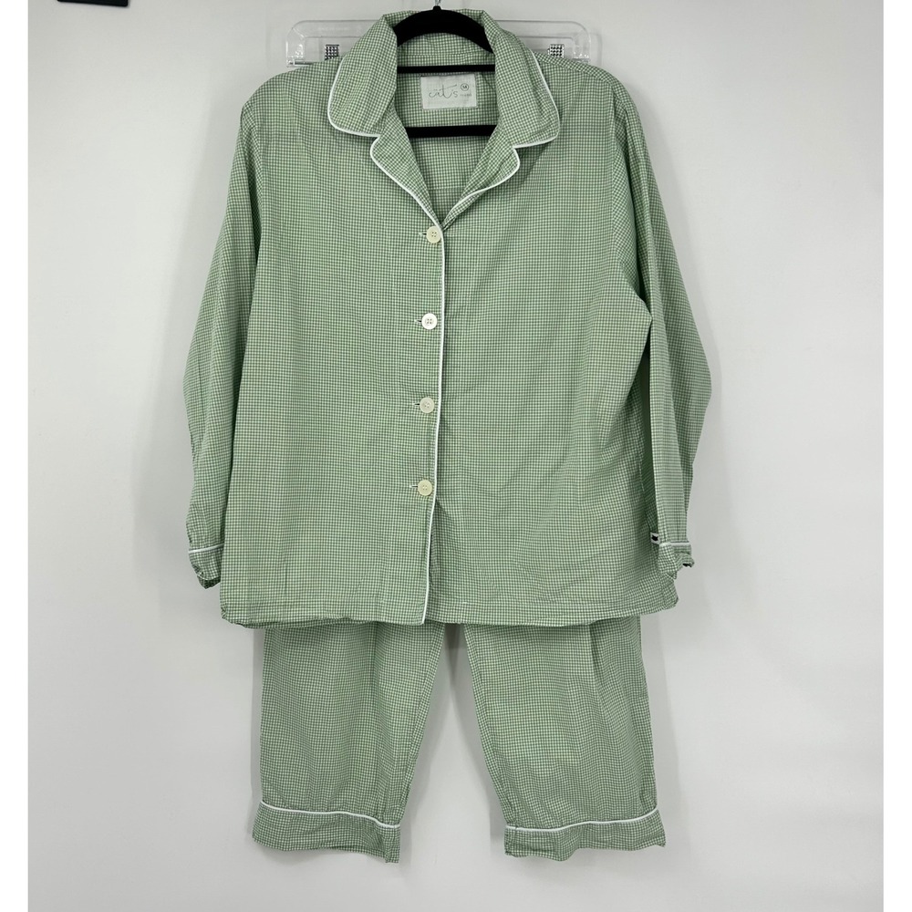 The Cat's Pajamas Green Gingham Cotton PJ Set M Long Sleeve Button Down Pants